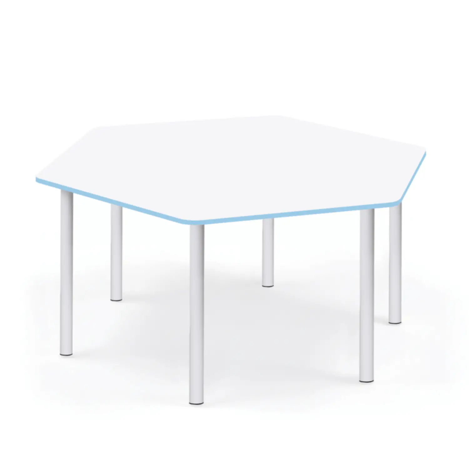 Tavolo Esagonale Con Bordo Celeste H 40-58 Cm. Per Ambienti Scolastici Innovativi - Arredo Nido e Infanzia
