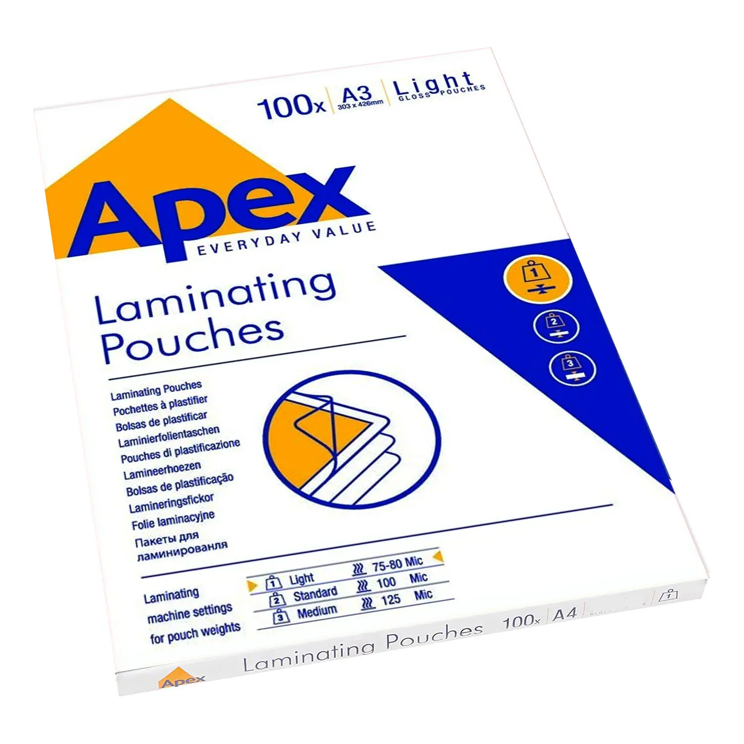 Pouches per Plastificazione Apex A3 Lucide 75-80 Micron – Confezione da 100 Pezzi - Rilegare e Plastificare