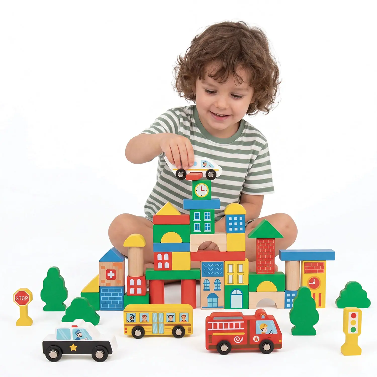 Blocchi Costruzioni in Legno, Playset Città con Veicoli e Palazzi - Costruzioni in legno