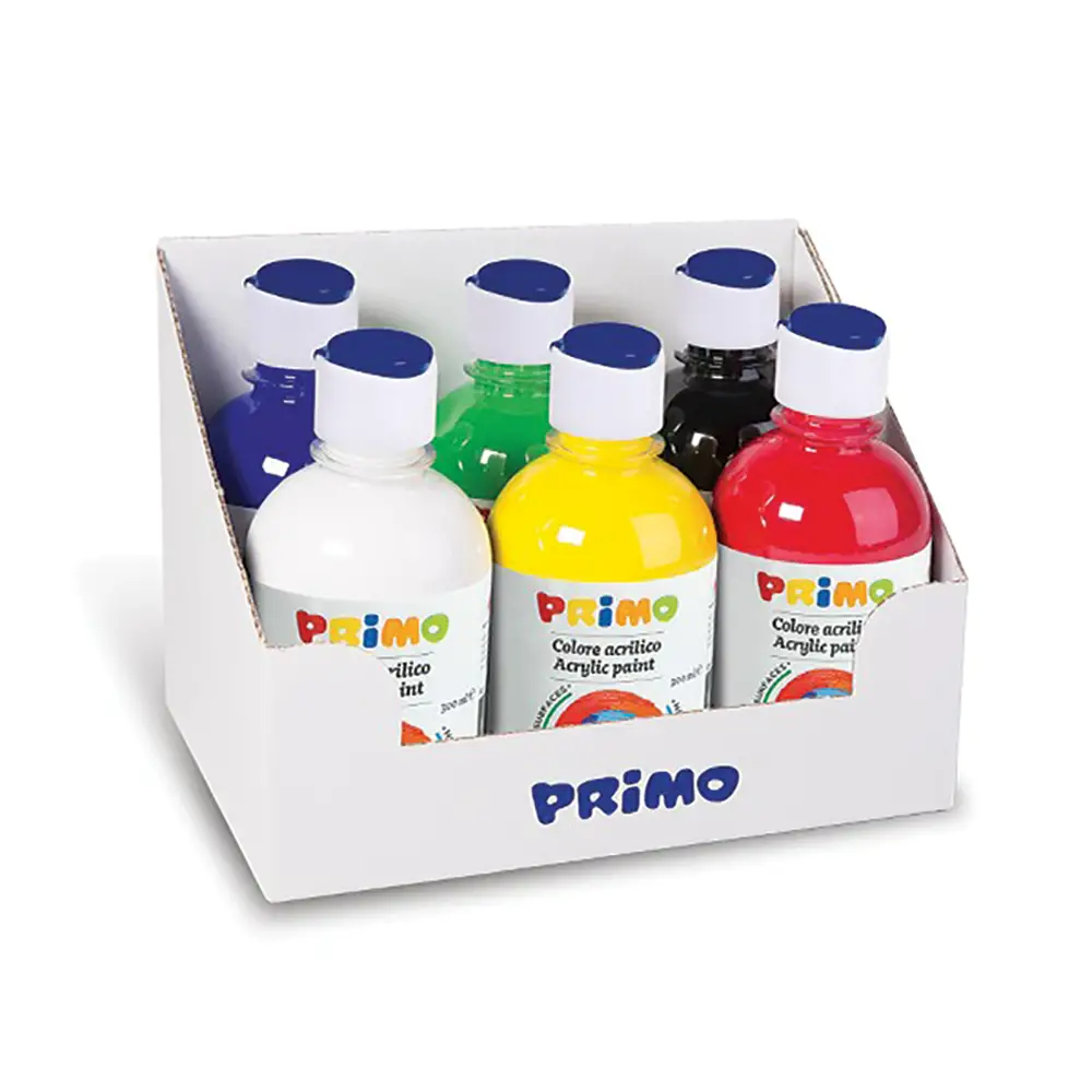 Tempera Acrilica Primo – 6 Flaconi da 300 ml – Colori Acrilici ad Acqua ad Alta Coprenza - Tempere