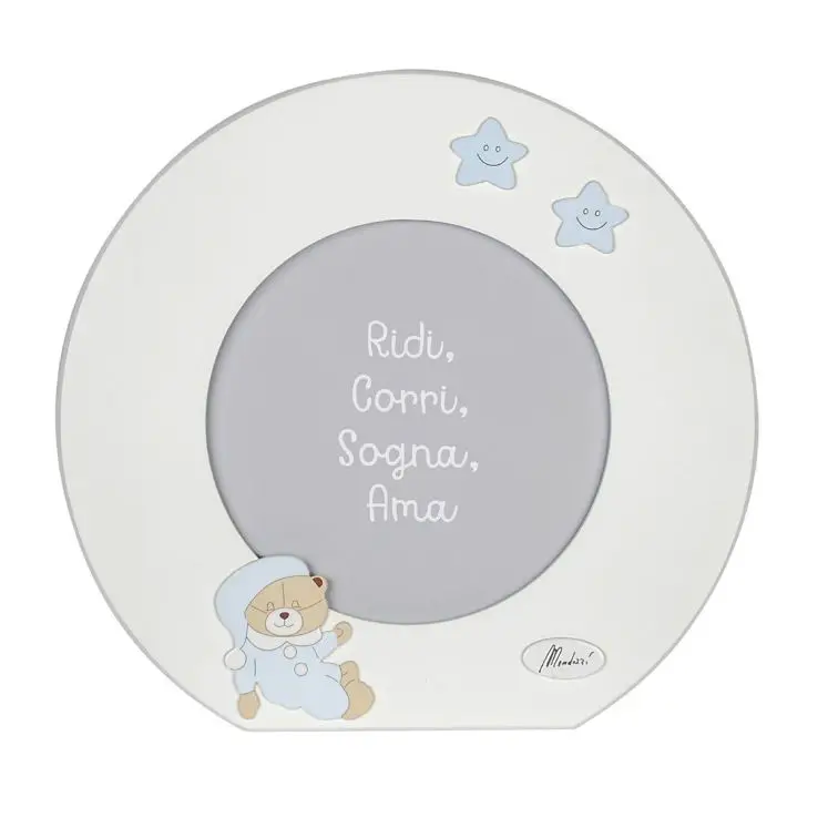 PORTA FOTO IN LEGNO BIANCO CON ORSO CELESTE TONDO DIAM.25.5 - complementi d'arredo