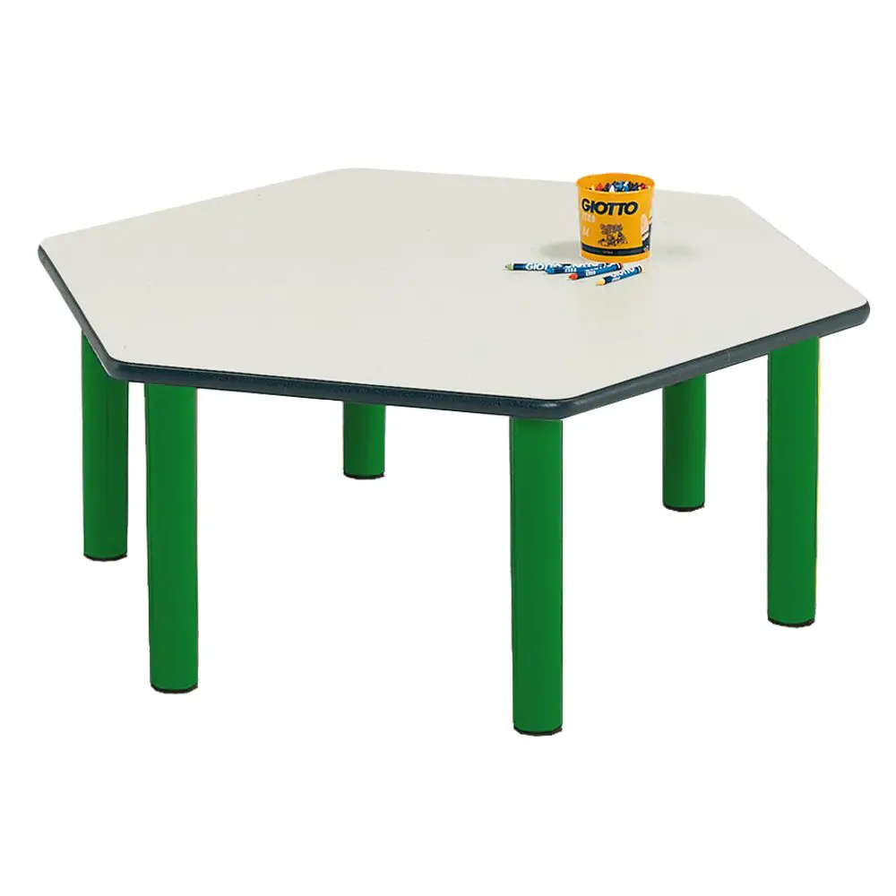 Tavolo Scuola Infanzia Esagonale Color – Misura 2, Gambe Verdi, H 52 cm - Tavoli e Cattedre
