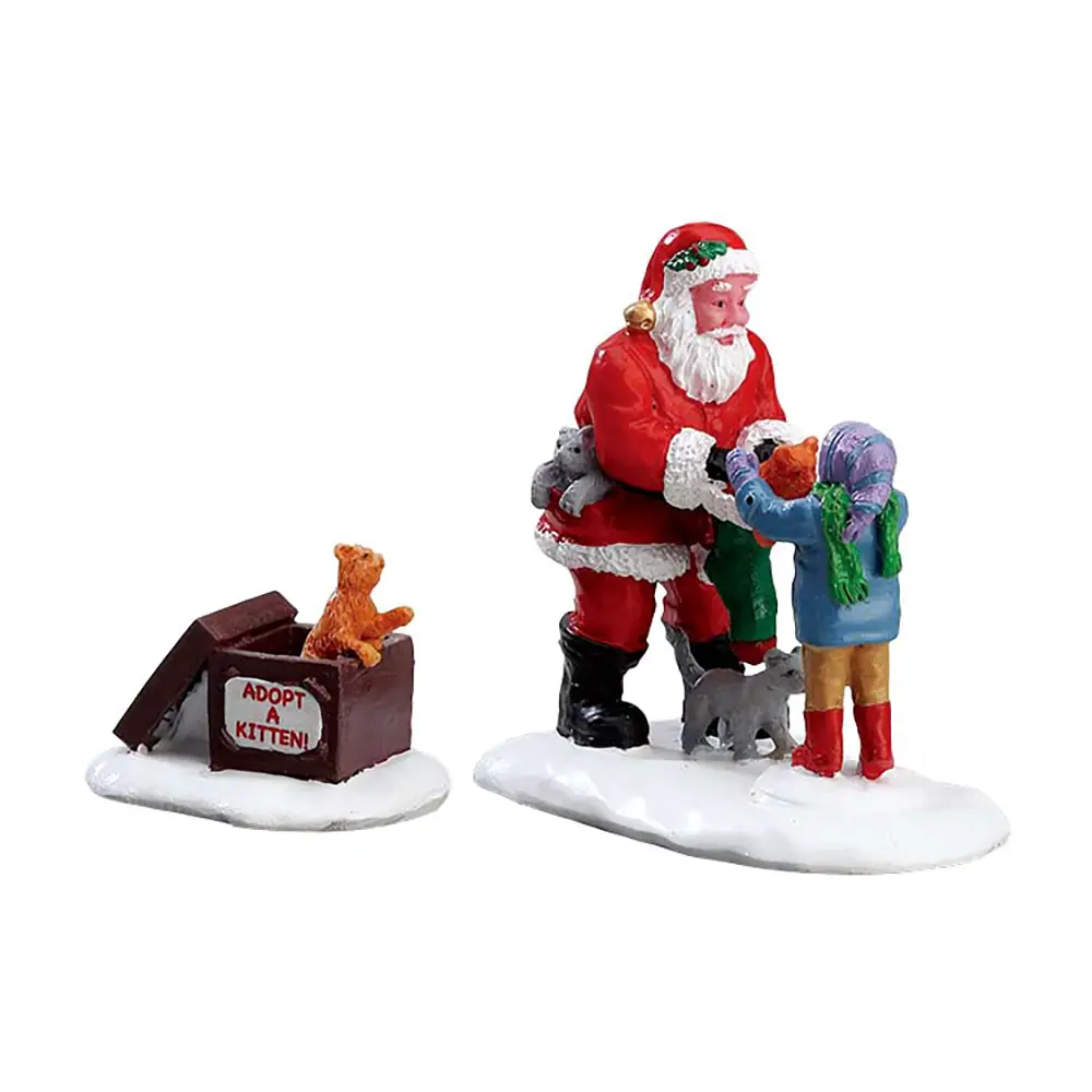 Statuetta Babbo Natale e Gattini – Set di 2 Pezzi - scene e villaggi