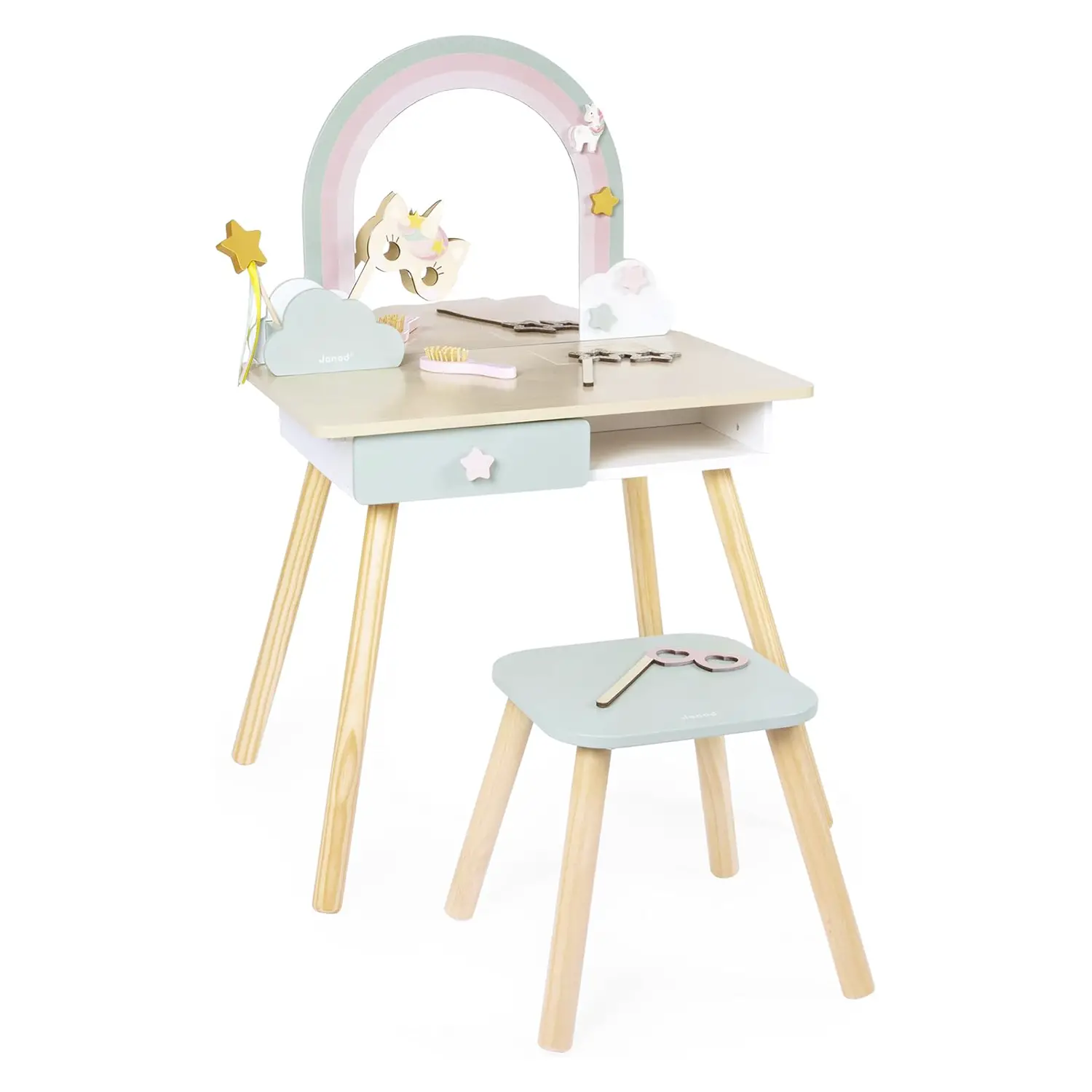 Tavolino Postazione Parrucchiere Con Sgabello Tema Unicorno - Janod - bellezza e accessori