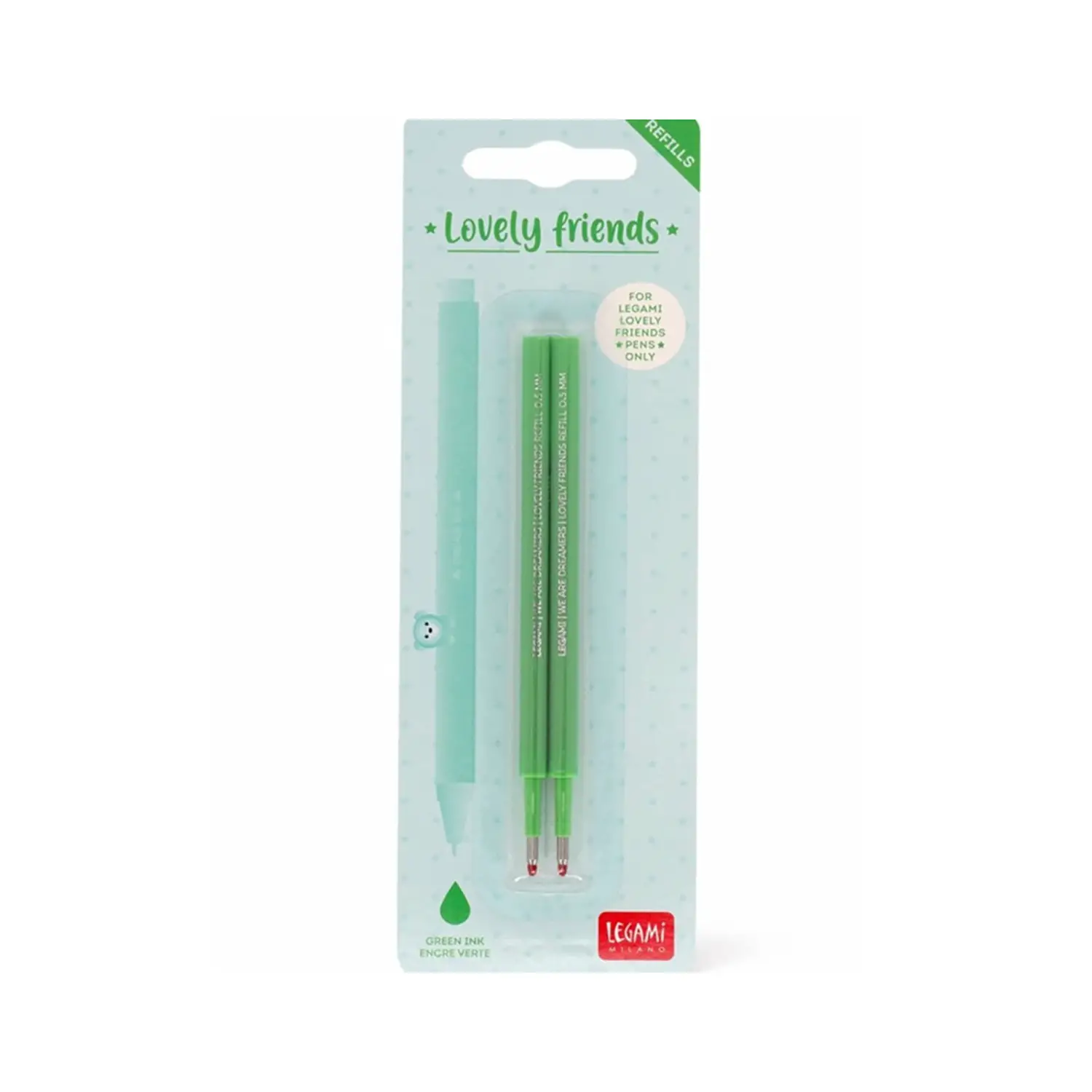 Set di 2 refill per penna gel - lovely friends - verde - legami