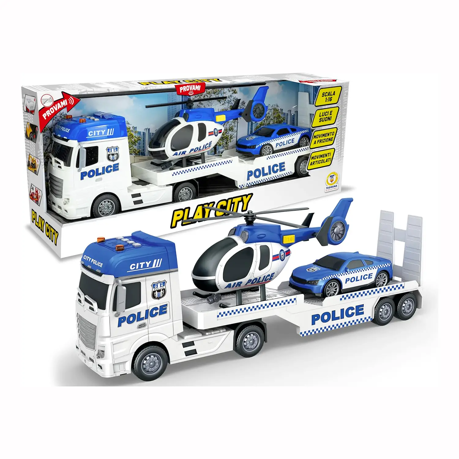 Play City - Tir Trasportatore Polizia 1:12 con Elicottero e Macchina Luci e Suoni - modellini