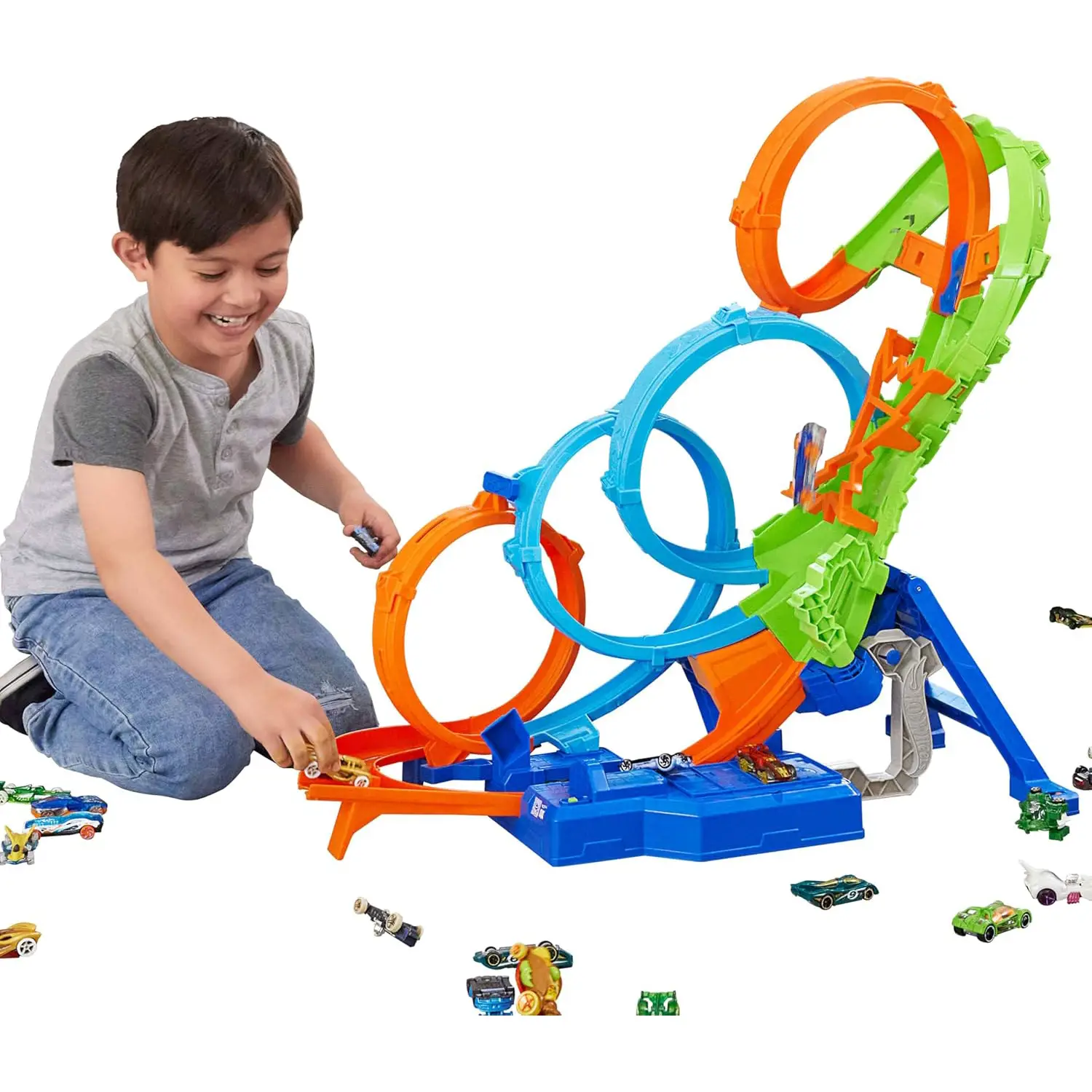 Hot Wheels Mega Loop Super Scontri - Pista con Booster e 3 Loop - Veicoli, garage e piste