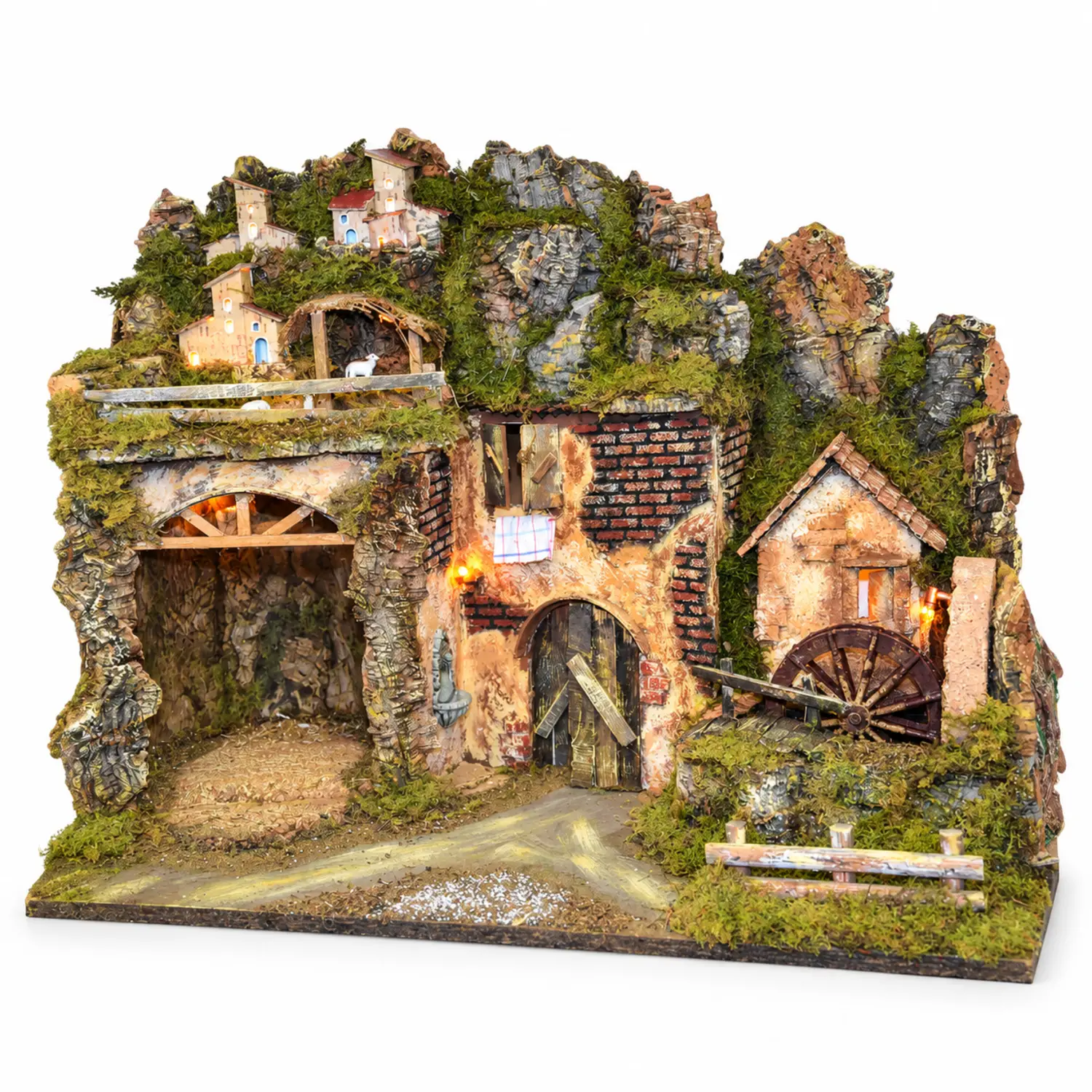 Presepe Illuminato con Mulino ad Acqua Luci LED e Pompa 60x34x44 cm - presepi