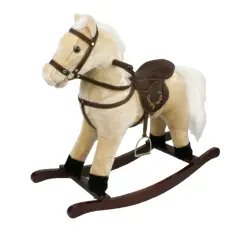 Cavallo a Dondolo Beige, Peluche Cavalcabile, Nitrisce e Muove la Bocca